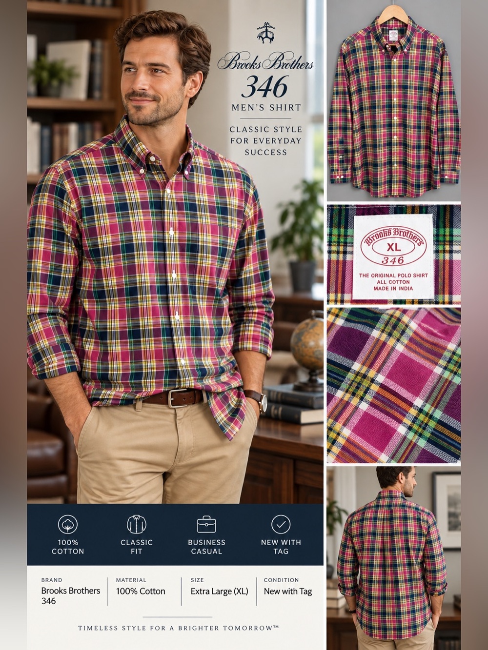 Brooks Brothers 346 Men’s XL Multicolor Plaid Cotton Button Down Shirt NWT